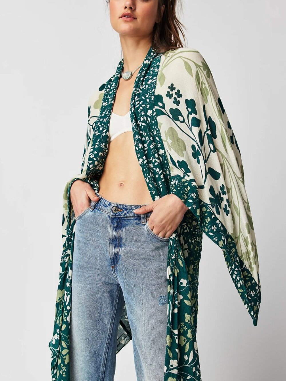Free People Oversized Green Marley Mixed Print Green Floral Boho Chic Kimono